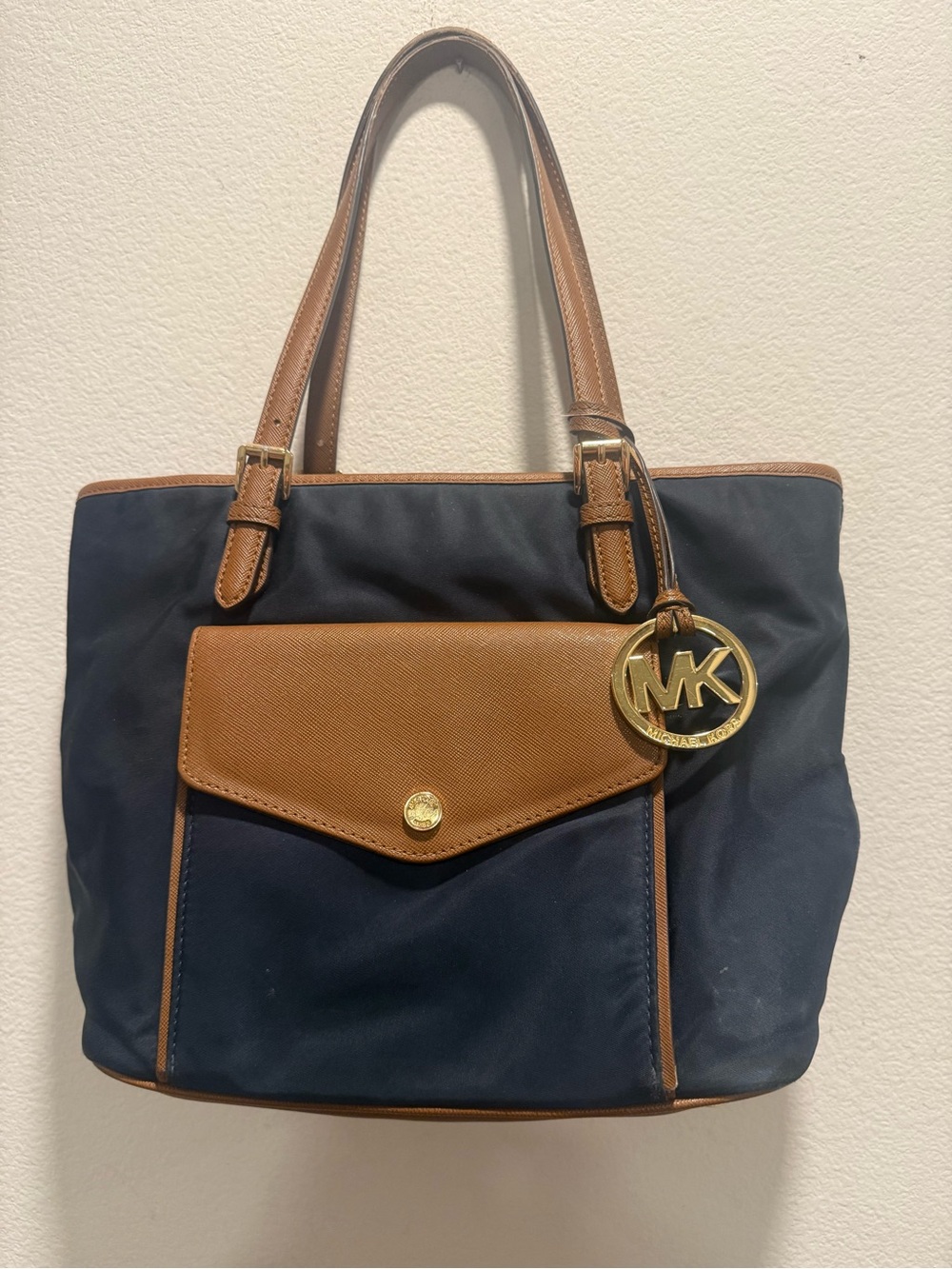 Michael Kors Navy Nylon Tote Bag Brown Trim MK Charm